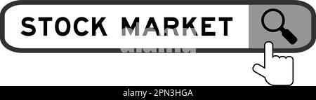 Search banner in word stock market with hand over magnifier icon on white background Stock Vector