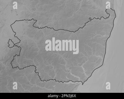 Suffolk, administrative county of England - Great Britain. Grayscale elevation map with lakes and rivers Stock Photo