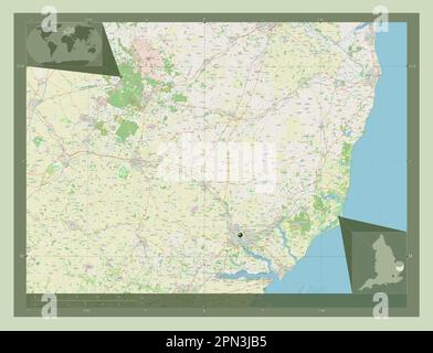 Suffolk, administrative county of England - Great Britain. Open Street Map. Corner auxiliary location maps Stock Photo