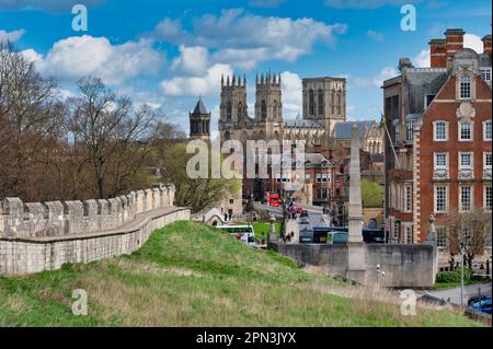York city landscape looking over the medieval city walls to the church towers of York Minster Stock Photo