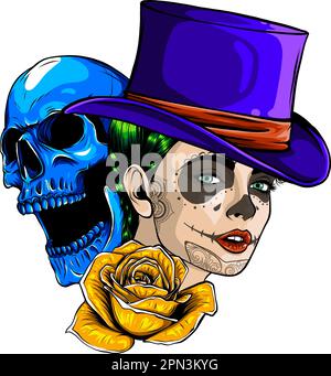 vector Skull with beautiful woman and flower rose in vintage style isolated on white background. vector illustration Stock Vector
