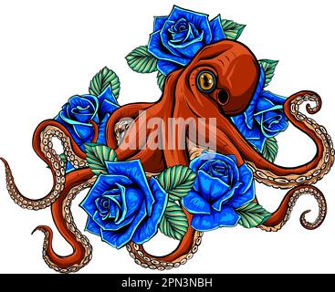 vector illustration of red Octopus with blue rose Flowers on white background. digital draw Stock Vector