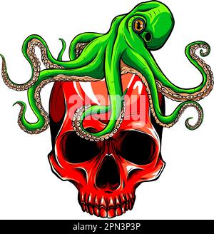 vector illustration of green kraken with red skull on white background. digital draw Stock Vector