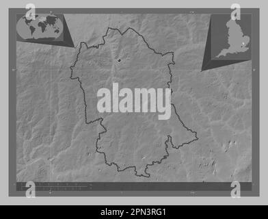 Uttlesford, non metropolitan district of England - Great Britain. Grayscale elevation map with lakes and rivers. Corner auxiliary location maps Stock Photo