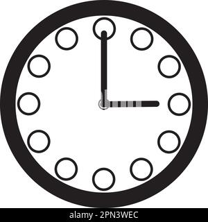 A Black and White Clock Icon of a Circular Face with Twelve Hour Markers, Two Hands for Indicating the Time Stock Vector