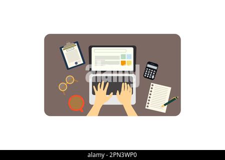 Hands on Laptop Keyboard Banner. Vector Illustration in Cartoon Style of a Desk with Documents, Calculator, Glasses, Cup Stock Vector