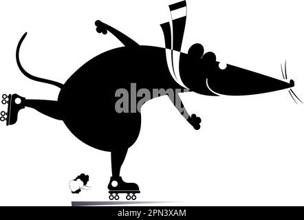 Cute rat or mouse riding roller skates. Active life style. Cartoon rat or mouse riding roller skates. Black and white Stock Vector