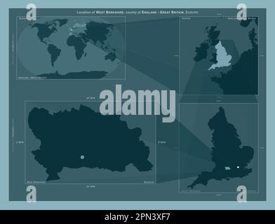 West Berkshire, county of England - Great Britain. Diagram showing the location of the region on larger-scale maps. Composition of vector frames and P Stock Photo