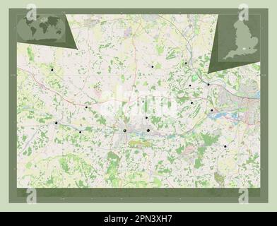 West Berkshire, county of England - Great Britain. Open Street Map. Locations of major cities of the region. Corner auxiliary location maps Stock Photo