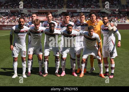 Turin, Italy, 16th April 2023. The US Salernitana 1919 starting eleven line up for a team photo prior to kick off, back row ( L to R ); Lorenzo Pirola, Norbert Gyomber, Flavius Daniliuc, Krzysztof Piatek, Guillermo Ochoa and Antonio Candreva, front row ( L to R ); Grigoris Kastanos, Hans Nicolussi Caviglia, Boulaye Dia, Tonny Vilhena and Domagoj Bradaric, in the Serie A match at Stadio Grande Torino, Turin. Picture credit should read: Jonathan Moscrop / Sportimage Stock Photo