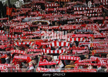 Berlin, Germany. 16th Apr, 2023. Union Berlin's supporters showing color with their scarfs on 16 April, 2023 at An der alten Forsterei, Berlin, Germany. During the game between 1. FC Union Berlin vs VfL Bochum, round 28 of the Bundesliga. ( Credit: Iñaki Esnaola/Alamy Live News Stock Photo
