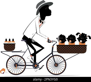 African man and three babies ride on the bike.  Happy African man riding a bike with three babies and infant food in the baskets. Isolated on white Stock Vector