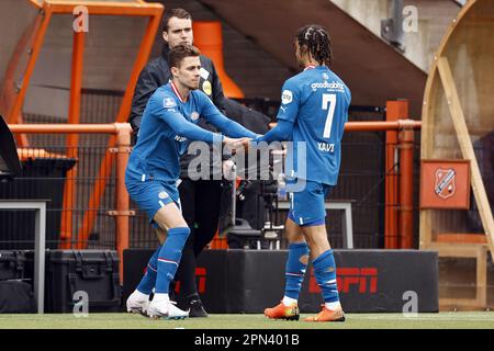 VOLENDAM - (lr) Thorgan Hazard of PSV Eindhoven, Xavi Simons of PSV Eindhoven during the Dutch premier league match between FC Volendam and PSV Eindhoven at Kras stadium on April 16, 2023 in Volendam, Netherlands. ANP MAURICE VAN STONE Stock Photo