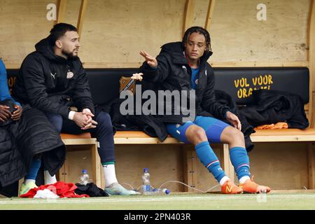 VOLENDAM - Xavi Simons of PSV Eindhoven is disappointed during the Dutch premier league match between FC Volendam and PSV Eindhoven at the Kras stadium on April 16, 2023 in Volendam, Netherlands. ANP MAURICE VAN STONE Stock Photo