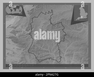 Wiltshire, administrative county of England - Great Britain. Grayscale elevation map with lakes and rivers. Corner auxiliary location maps Stock Photo