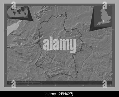 Wiltshire, administrative county of England - Great Britain. Bilevel elevation map with lakes and rivers. Corner auxiliary location maps Stock Photo