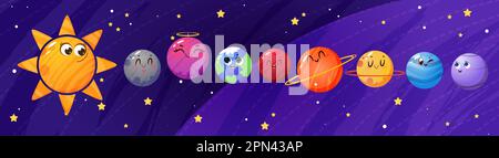Cute childish planets of solar system at night sky flat vector illustration. Funny galaxy objects, stars and cosmic globes smile at outer space. Sun, earth and astronomical characters with emotions. Stock Vector