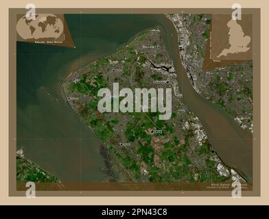 Wirral, metropolitan district of England - Great Britain. Low resolution satellite map. Locations and names of major cities of the region. Corner auxi Stock Photo