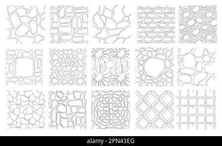 Set of hand drawing paving stone and brick textures. Outline seamless patterns of street pavement. Cobblestone wall or path, floor tiles top view. Textured natural backgrounds design elements. Stock Vector