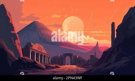 Illustration of a panoramic view of Pompeii and Mount Vesuvius, Italy Stock Photo