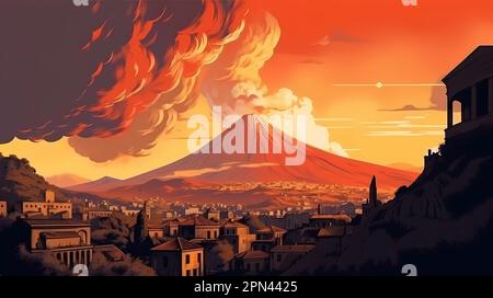 Illustration of a panoramic view of Pompeii and Mount Vesuvius, Italy Stock Photo