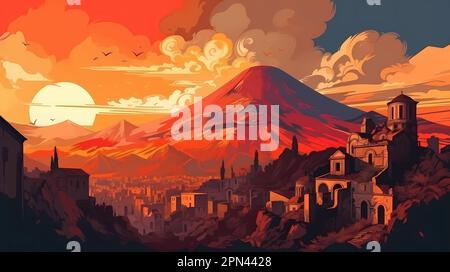 Illustration of a panoramic view of Pompeii and Mount Vesuvius, Italy Stock Photo