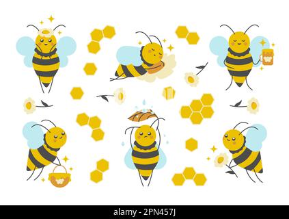 Cute little bee character design set. Flat clip art series. Stock Vector