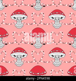 Cute agaric mushroom seamless pattern. Red background with fungus and hearts in flat retro style. Stock Vector