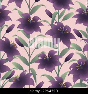 Purple lily flower seamless pattern. Realistic style floral ornate background. Stock Vector
