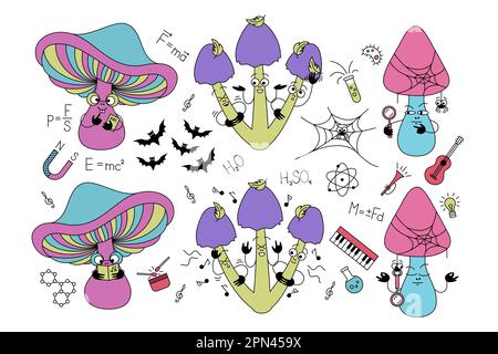 Set of cartoon mushrooms. Flat clip art collection in retro style. Stock Vector