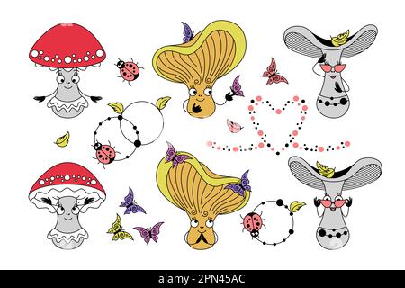 Set of cartoon mushrooms. Flat clip art collection in retro style. Stock Vector