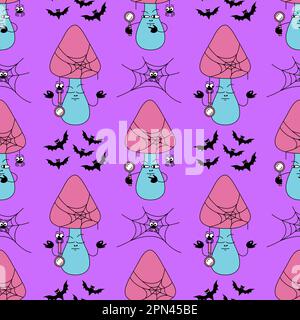 Cave mushroom seamless pattern. Purple background with funguses and spiders and bats in flat retro style. Stock Vector