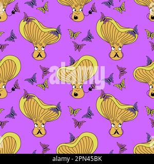 Cute chanterelle mushroom seamless pattern. Purple background with happy fungus with butterflies in flat retro style. Stock Vector
