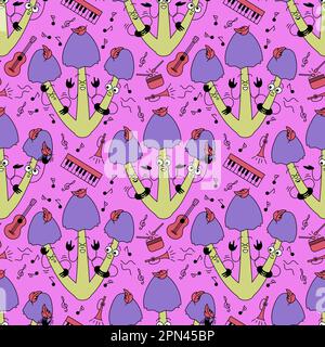Music mushrooms seamless pattern. Pink background with funguses and musical instruments in flat retro style. Stock Vector