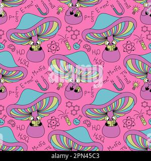Mushroom student seamless pattern. Pink background with funguses and formulas in flat retro style. Stock Vector