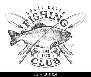 Fishing club, fishes t shirt prints, fisher club vector emblems and water  waves icons. River fishing for pike and catfish on rod hooks, fishery sport  and big catch quotes for t-shirt prints