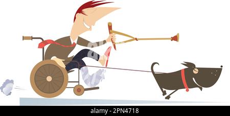 Comic man with bandage on the broken leg sitting in the wheelchair and points a dog, hauling him by rope, there to go using a crutch Stock Vector