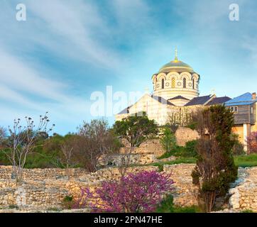 Evening Saint Volodymyr (St Vladimir's) Cathedral church  (Chersonesos- ancient town, Sevastopol, Crimea, Ukraine) Stock Photo