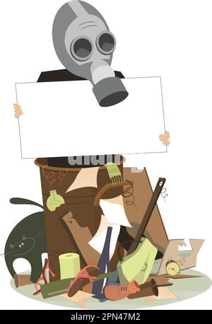 Environmental protection concept illustration. Trash dump and man in the gas mask with a banner trying to protect the environment from waste products Stock Vector