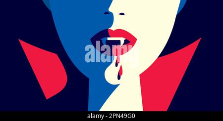 Close up of a vampire woman with fangs and dripping blood. Mythical character or evil Stock Vector