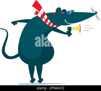 Rat or mouse, megaphone and news isolated illustration. Cartoon rat or mouse with megaphone makes announcement isolated on white Stock Vector