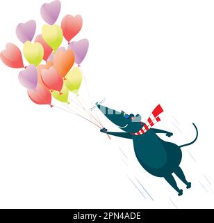 Funny rat or mouse holds a lot of balloons illustration. Cartoon rat or mouse flies on air balloons isolated on white Stock Vector