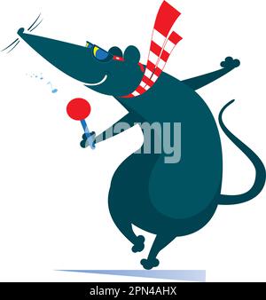Singer rat or mouse isolated illustration. Funny rat or mouse holds a microphone and sing a song isolated on white Stock Vector