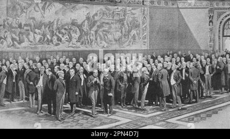 A group of English Lords, members of the upper house, who rejected the budget and caused the dissolution of Parliament and new elections in 1910. Illustration from 1910. Stock Photo