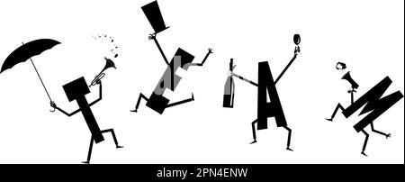 Funny concept inscription team illustration. Letters T, E, A, M with megaphone, bottle, glass, trumpet, umbrella, top hat black on white illustration Stock Vector