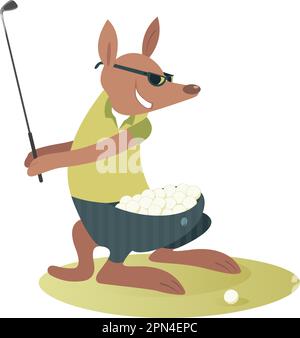 Cartoon kangaroo is playing golf isolated. Cartoon comic kangaroo with many golf balls is trying to make a good shot Stock Vector