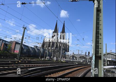 Cologne, Germany. 09th Apr, 2023. The entrance to Cologne Central Station with the tracks and Cologne Cathedral. Credit: Horst Galuschka/dpa/Alamy Live News Stock Photo