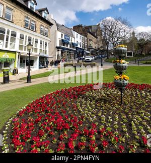 MONTPELLIER QUARTER, HARROGATE, UK - APRIL 15, 2023. Floral displays of colourful flower bed in landscaped gardens in the Harrogate in Bloom Springtim Stock Photo