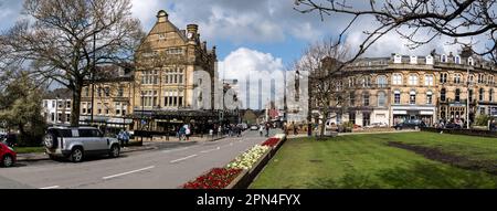 PROSPECT SQUARE, HARROGATE, UK - APRIL 15, 2023.  A panoramic exterior of the Victorian architecture of Prospect Square and Betty's Cafe and Tea Rooms Stock Photo