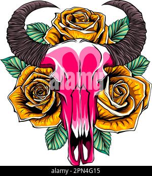 Bull skull decorated with foliage and flowers. Vector illustration on white background Stock Vector